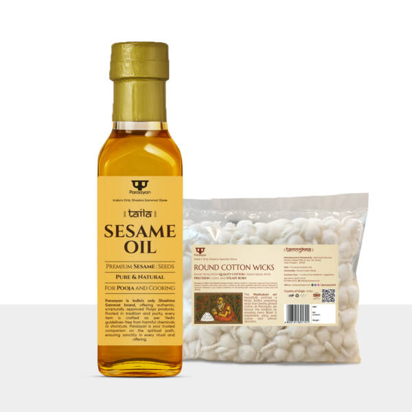 Paraayan Cold Pressed Sesame Oil 500ml + 250 Pieces Pure Cotton Wicks Combo - Image 1