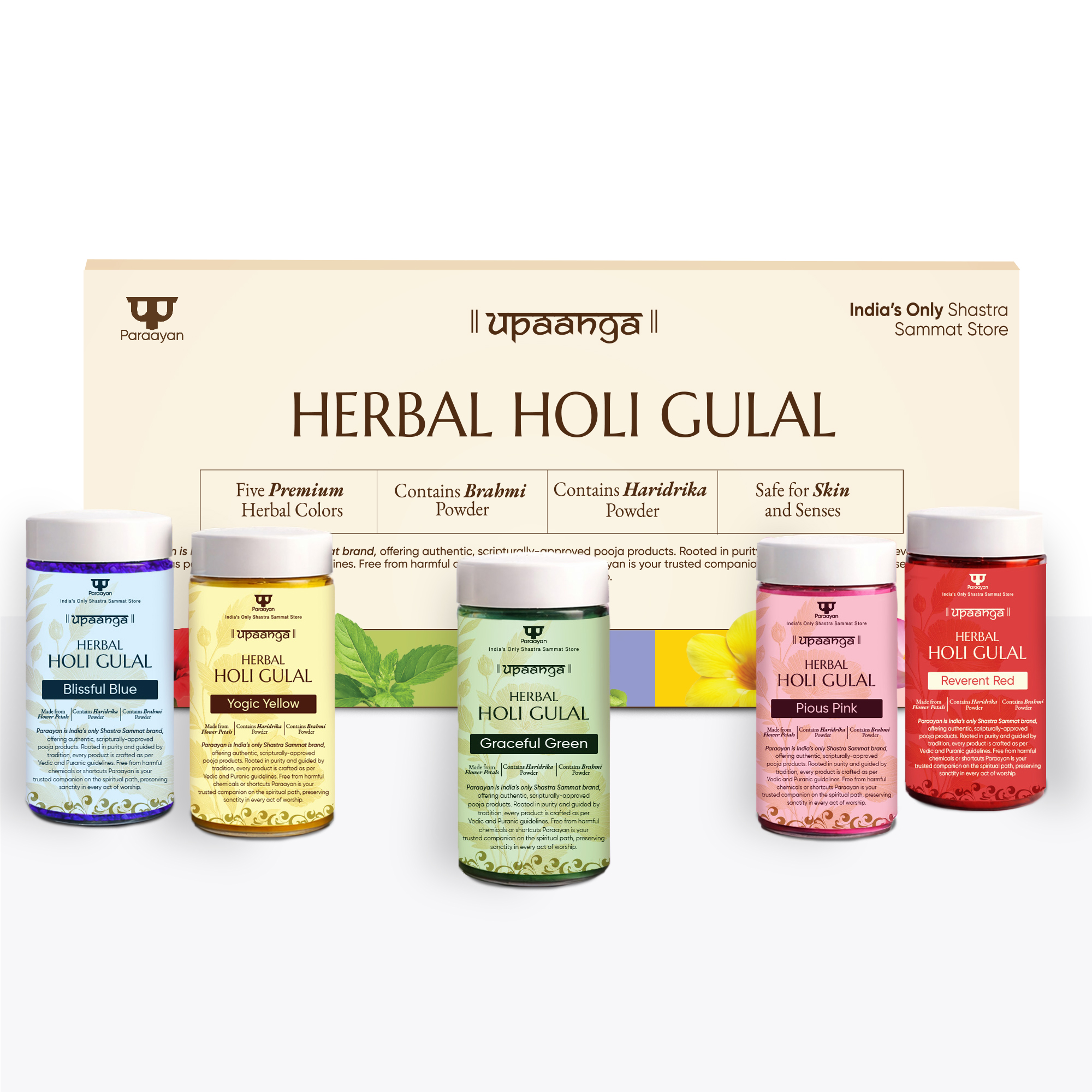 first image_ Paraayan Herbal Gulal for Holi & Festivals with Brahmi and Haridrika | Pack of 5 | Natural, Skin-Friendly & Child-Safe Gulaal | Vibrant Red, Green, Blue, Pink & Yellow Colors - Image 1